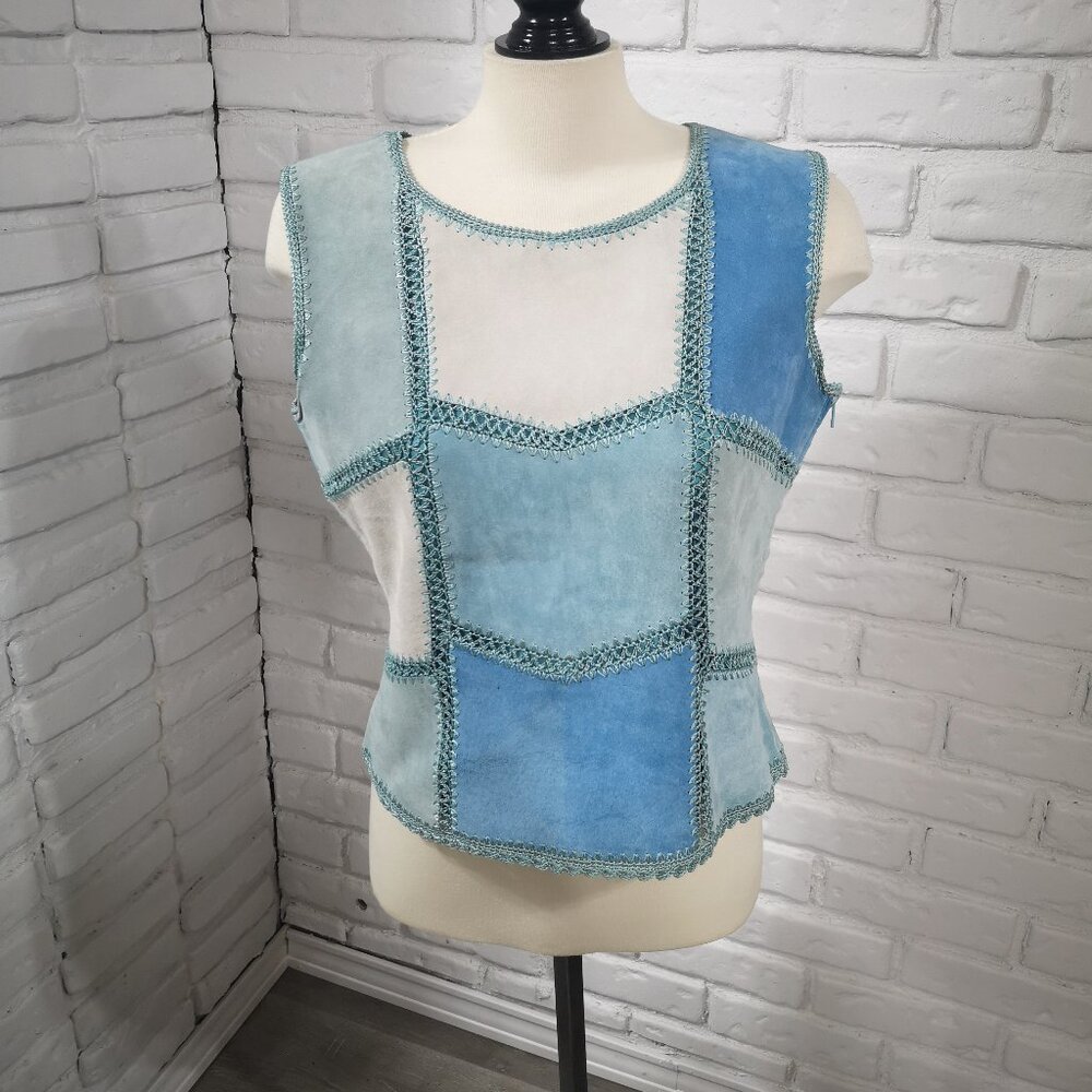 Danier Leather Ladies Size 10 Blue Teal & Off White Patchwork Lined Suede Vest